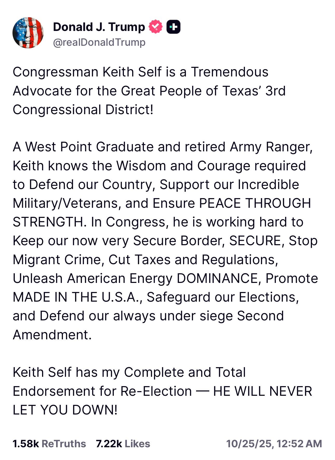 President Donald J. Trump endorses Keith Self on Truth Social